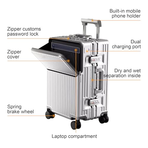 AIWEINY Zipperless Luggage, 22.4" x 15.4" x 9.4" Aviation Certified, Polycarbonate Aluminum Hardshell, Expandable Carry-On Luggage with Spinner Wheels, Hardshell Luggage, 20 Inch Cabin