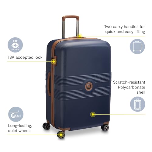 DELSEY PARIS Flanerie SE - Hardside Checked In Luggage 28 Inch - 360° Dual Spinner Wheels - TSA Lock - Lightweight Polycarbonate Travel Suitcase with Vegan Leather, Blue