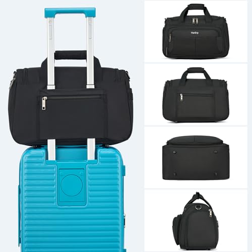 HanTrip Carry on Duffel Bag Foldable Duffle Bags for Travel, Under Seat Personal Item Bags for Airplanes, Weekender Overnight Mens Travel Tote Bag for Women Small Softside Carry on Luggage (Black)