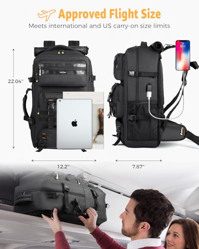 Ponhog Travel Backpack for Men, 50L Carry On Flight Approved Convertible Duffle Bag with Shoe Compartment, 17 inch Laptop Luggage with USB Charging Port for Weekender Hiking, Black