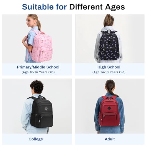 Sisipoet Girls Backpack, Lightweight School Backpack Multiple-pocket College Bookbag for Teen Girls Travel Backpack with Luggage Strap for Women, Black with Purple Bow