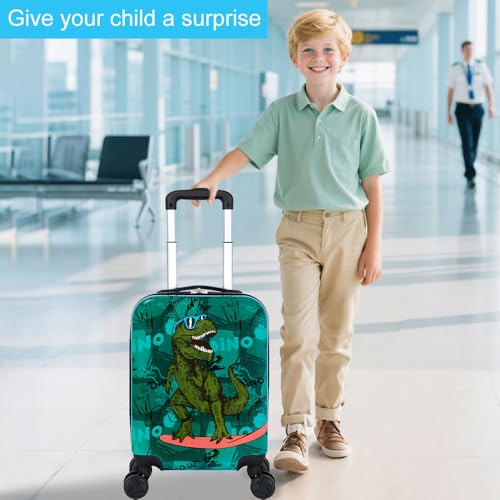 5-Piece Kids Luggage Set for Boys – Cool Hardshell Suitcase with 360° Spinner Wheels, Lightweight Airline-Approved Carry-On (16") for Travel, Dinosaur Green