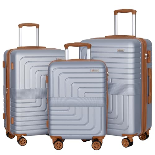 Romswi 3-Piece Expandable Luggage Set 20/24/28 Inch, Spinner Hardshell Lightweight Suitcases with TSA Lock, YKK, Checked & Carry On Luggage Set, Silver