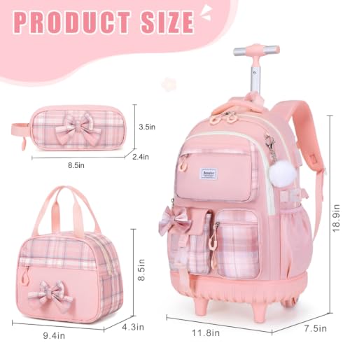 Bevalsa Rolling Backpack for Girls, Roller Backpack with Wheels, Cute Bow Plaid Wheeled School Bookbag Set with Lunch Bag & Pen Case, Suitcases for Kids Teens Elementary Middle Student (Pink)