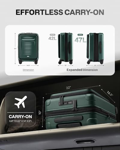 Coolife Carry On Luggage Suitcase : 22x14x9 Airline Approved Travel Luggage with Spinner Wheels, Front Pocket Expandable Hardshell Suitcases with TSA Lock Green