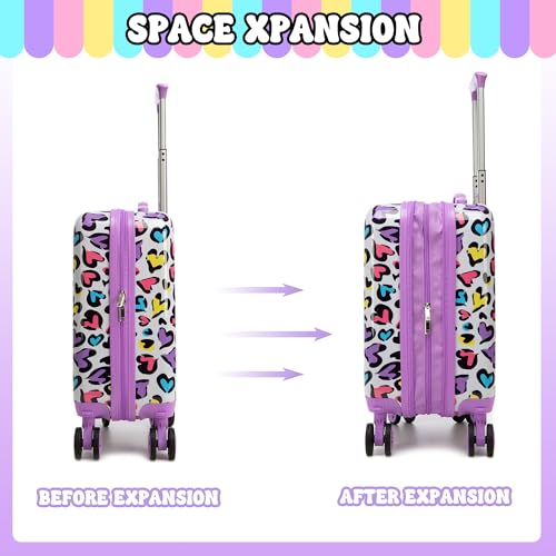 Inprof Kids Luggage with Spinner Wheels Carry on Suitcases for Girls 2 Piece Luggage Sets 16" Toddler Suitcase for Kids Rolling Suitcase Airline Approved (Bainbow Leopard)