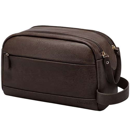 Celvetch PU Leather Toiletry Bag for Men - Water Resistant Travel Bag for Toiletries, Bathroom Essentials, Accessories - Dark Brown