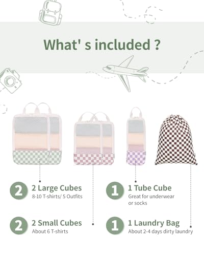 Narwey 6 Set Compression Packing Cubes for Travel Women Men, Travel Cubes for Carry On Suitcase, Durable Compression Luggage Organizer Bags (Combined Checkerboard)