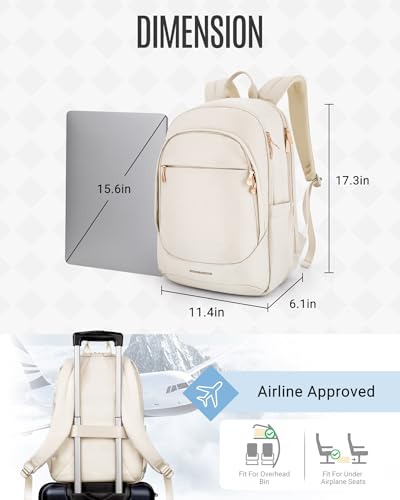 LIGHT FLIGHT Travel Laptop Backpack for Women, 15.6 Inch Backpack with USB Charging Hole, Water Resistant College Bookbag, Large Capacity Black Computer Backpacks for Work, Warm Beige