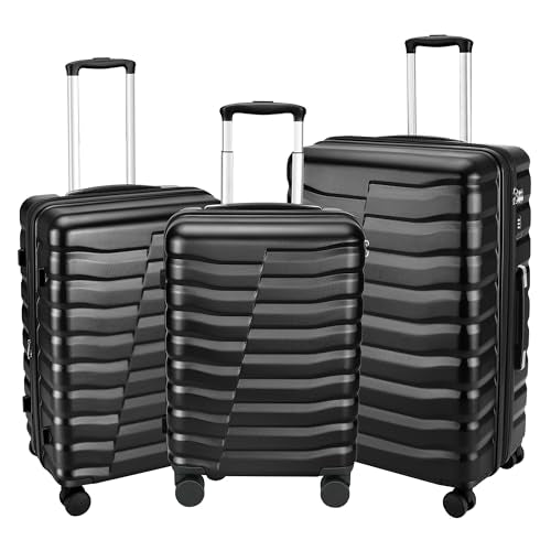 WireHot Lightweight Luggage with Spinner Wheels & YKK Zipper, Hard Shell 3-Piece Suitcase ABS+PC Hardside Luggage Set with TSA Lock for Men Travel, Black (20+24+28 inch)
