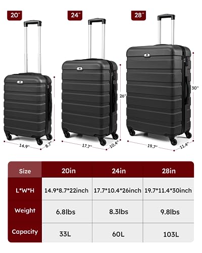 Suitour Luggage Sets 3 piece, Hardside Lightweight Suitcase sets with Spinner Wheels,TSA Lock,20/24/28 inches Travel Luggage Black