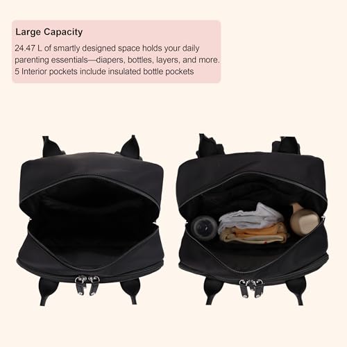 JESSIE & JAMES BeBe CCW Diaper Bag Nylon Backpack Multi Function Backpack with Changing Pad & Stroller Straps_Black/Black