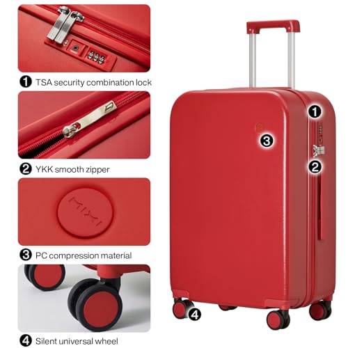 mixi Luggage Suitcase with Spinner Wheels, Hardside Rolling Suitcase PC with Cover & TSA Lock Lightweight Travel Case 24in Checked in, Red