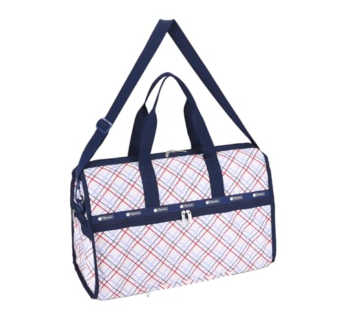 LeSportsac Modern Tattersall Deluxe Large Weekender Crossbody Bag, Style 4319/Color E839, Classic Navy & Bold Red Unite on Crisp White Bag, Modern Lilac Accent, Fun Interpretative Tartan Plaid
