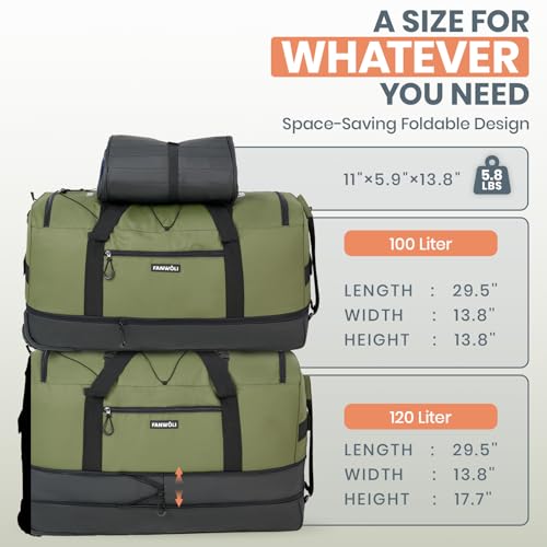 Fanwoli Collapsible & Expandable 100L-120L Large Rolling Duffle Bag - 30'' Waterproof Wheeled Luggage with No-Sag Heavyload Design, Lock & Soft Handle for Travel, Camping, Dorm, Moving (Green)