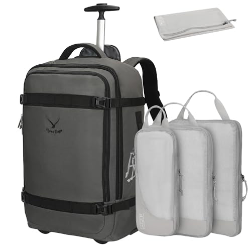 Hynes Eagle 42L Rolling Backpack Wheeled Backpack Flight Approved Travel Backpack Carry on Luggage Dark Grey with Compression Packing Cubes Set 4PCS Light Grey