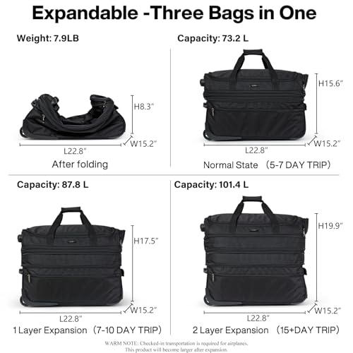 Hanke Large Expandable checked Luggage Suitcases with Wheels Foldable Duffle Bag for Travel suitcase for Women Men Garment Bag（Black）
