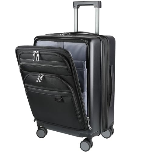KROSER Hardside Expandable Carry On Luggage 22x14x9 Airline Approved With Front Business Pockets, 20 Inch Suitcases with Wheels, Carry on Suitcase with TSA Lock & USB Port, Black