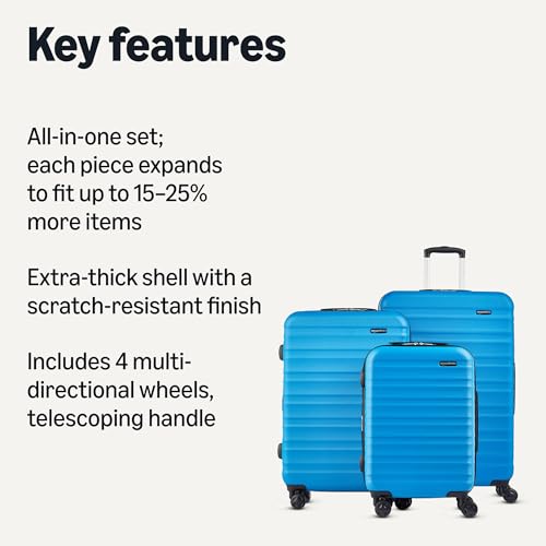 Amazon Basics 3-Piece Hardside Expandable Travel Luggage Set (21", 26", 30"), Scratch-Resistant Suitcases with Multi-directional Wheels, Carry-on and Checked Bags, Light Blue