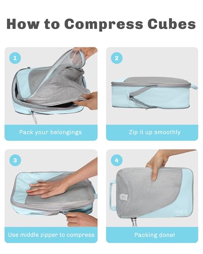Hynes Eagle 42L Rolling Backpack Wheeled Backpack Flight Approved Travel Backpack Carry on Luggage Dark Grey with Compression Packing Cubes Set 4PCS Light Blue