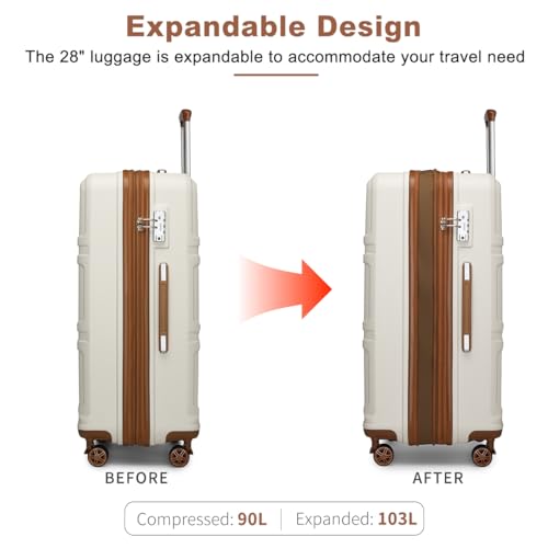 Kono 28 Inch Luggage Expandable Suitcase with Spinner Wheels TSA Lock Lightweight PC+ABS Hardside Large Checked Luggage Durable Rolling Suitcase Cream White