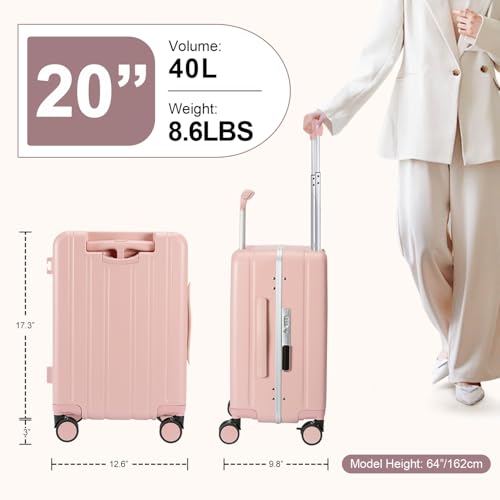 MRPLUM Carry On Luggage Double Handle Suitcase with Net Pocket,Hard Shell Spinner Wheels Luggage with TSA Lock&Seat Belt,20 inch,Pink