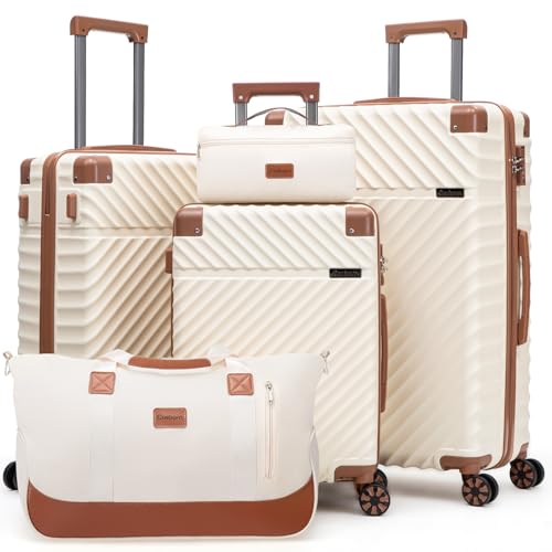 Luggage Sets 5 Piece with TSA Lock Spinner Wheels, Unisex Hard Case ABS Suitcase Set, Hardshell Lightweight Waterproof Travel Hardside Suitcases with Wheels for Women Men,Beige
