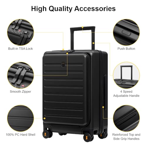 LEVEL8 Road Runner Carry On Luggage with Front Compartment, 20 Inch Lightweight Hard Shell Suitcases with Wheels Airline Approved, Tsa Locks for Luggage, Black,21.46" x 14.57" x 9.45"