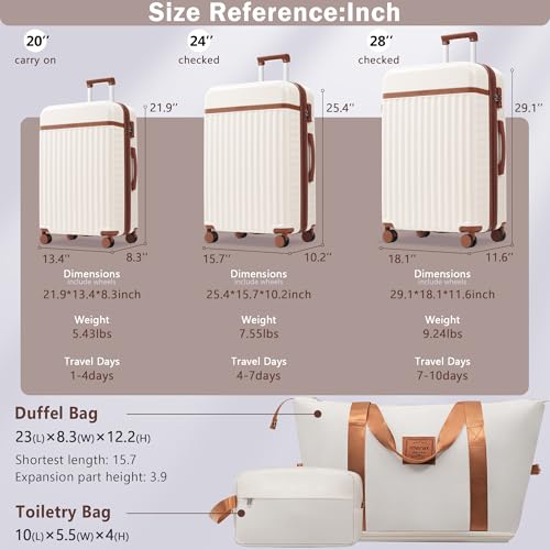 Merax 5 Piece Luggage Set, Hard Shell Expandable Suitcases with Double Spinner Wheels and TSA Lock, 20"+24"+28"(Brown+White)