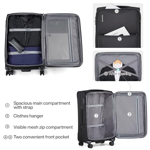Hanke Softside Expandable 20 Inch Carry On Luggage with Wheels Airline Approved, TSA Luggage Lightweight Rolling Suitcases for Travel Carry On Bag(Black)