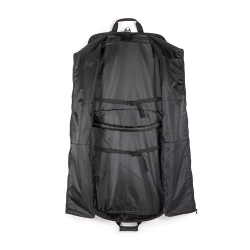 Amazon Basics 46" Premium Garment Bag for Travel, Suit Bag with Shoulder Strap for Suits and Dresses, 1680D Polyester Fabric, Exterior/Interior Pockets, Leather-reinforced Corners, Trifold, Black
