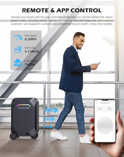 AOTOS Smart Rideable luggage-Roller carry-on luggage 22x14x9-TSA, Airline-Approved 22 inch Hardshell,Zipperless Travel Suitcase with Rolling WheelsApp Control -Cabin Suitcase for Airport Travel(Grey)