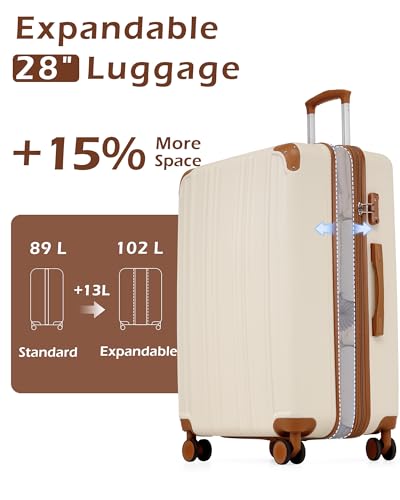 Coolife Luggage Expandable(only 28") Suitcase PC+ABS Spinner 20in 24in 28in Carry on (apricot white, L(28in))
