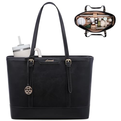 LOVEVOOK Laptop Bag for Women, 15.6 Inch Large Work Tote Bag with 40oz Cup Holder, Waterproof PU Leather Computer Briefcase for Teacher, Professional Business Shoulder Purse Black