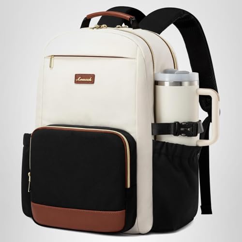 LOVEVOOK Laptop Backpack for Women with Pouch Pocket for Large Capacity Cup,15.6 Inch Laptop Computer Bag Travel Backpack Purse,Waterproof Work Business Backpack College Teacher Bags,Beige-Black-Brown