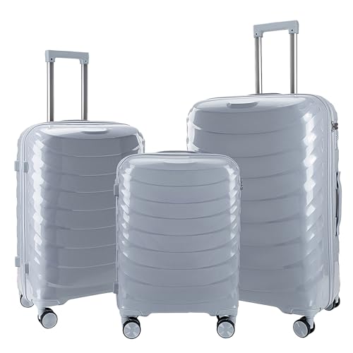 LARVENDER Luggage Sets 3 Piece, Hardside PP Carry On Luggage Suitcase with 360° Spinner Wheels Suitcase Sets for Women Men, Silver Grey
