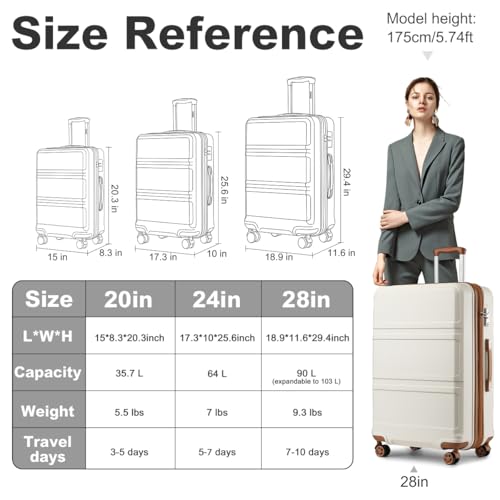 Kono 28 Inch Luggage Expandable Suitcase with Spinner Wheels TSA Lock Lightweight PC+ABS Hardside Large Checked Luggage Durable Rolling Suitcase Cream White