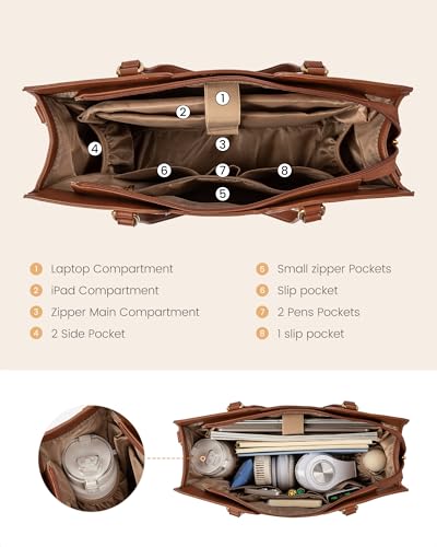 LOVEVOOK 15.6 inch Laptop Bag for Women - Waterproof Work Bag for Women & Vintage Laptop tote Bag with Wristlet, Brown