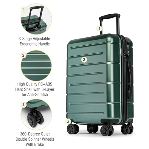 KYME Carry On Luggage 22x14x9 Airline Approved Hardshell Carry On Suitcases with Wheels Travel Rolling 20 Inch Luggage with Cup Holder for Men Women,Carry-on Green