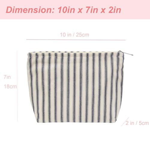 PAZIMIIK Makeup Bag Large Cotton Zipper Pouch for Purse Travel Canvas Make Up Organizer for Women Cosmetic,Vintage Stripe Navy Blue