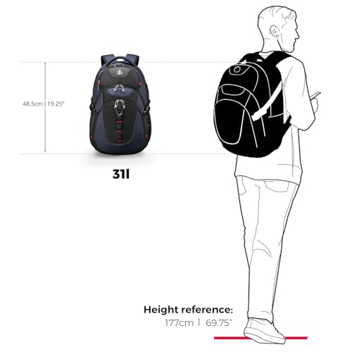 Swissdigital Design Laptop Backpack with USB Charging Port, Travel Backpack Fits 15.6 inches Computer, 31L College School Backpack for Men, Blue/Black | SD803-12
