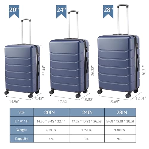 OLIXIS 3-Piece Luggage Set, Carry On Suitcases with Spinner Wheels, Expandable Travel Luggage with TSA Approved Lock & ABS Hard Shell, Blue, 20/24/28 Inch