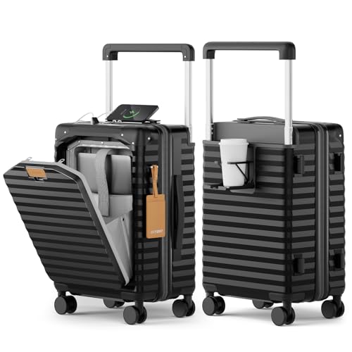 Joyway 20 Inch Carry on Luggage with Front Pocket, PC Hardshell Carry-on Suitcase with USB Port and Cup Holder, 21.5x14.2x9 Airline Approved, Luggage with Spinner Wheels and TSA Lock (Black)