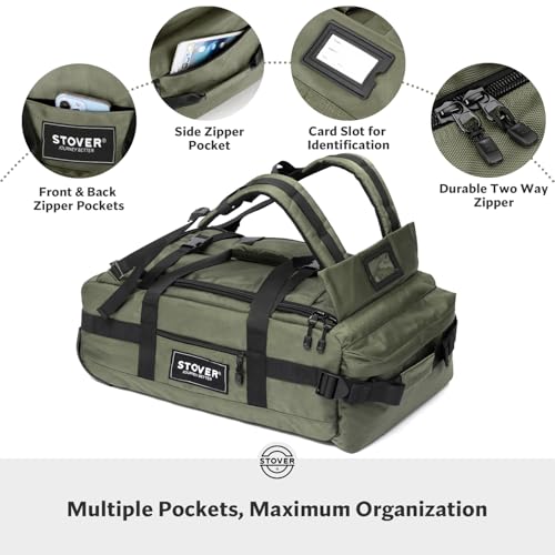 STOVER 45L Carry-On U-Zip Rolling Duffel Bag with Wheels, Medium Durable Travel Duffle w/Toiletry Bag, Heavy-Duty, Packable, Foldable w/Shoulder Straps- Use as Luggage or Backpack, Men/Women (Green)