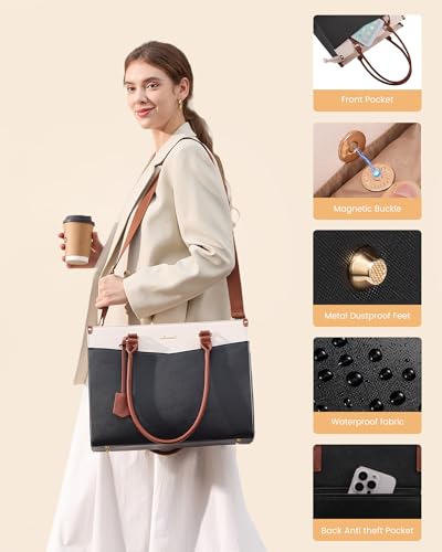 LOVEVOOK Laptop Bag for Women, 2-in-1 Tote Purse with Clutch & Cup Holder, Waterproof Briefcase for Work Travel, Large Capacity Structured Work Bag 15.6 Inch, Black-Beige-Brown
