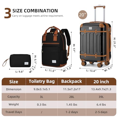 LARVENDER Luggage Sets 3 Piece Expandable Carry on Luggage 22x14x9 Airline Approved Hardshell Suitcase with Wheels TSA Lock, Lightweight Suitcase Set for Women with Travel Backpack, Black