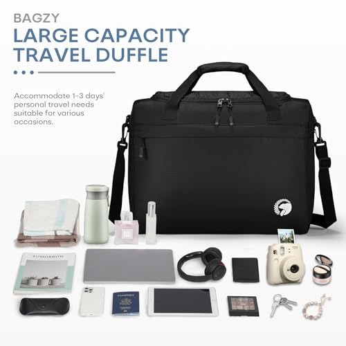 BAGZY 40x30x15cm Personal Item Travel Bag 16x12x6 inch Lightweight Gym Bag Foldable Duffle Bag Mens Water-resistant Weekender Bags for Women for Overnight Hospital Carry on Bags for Airplanes Black