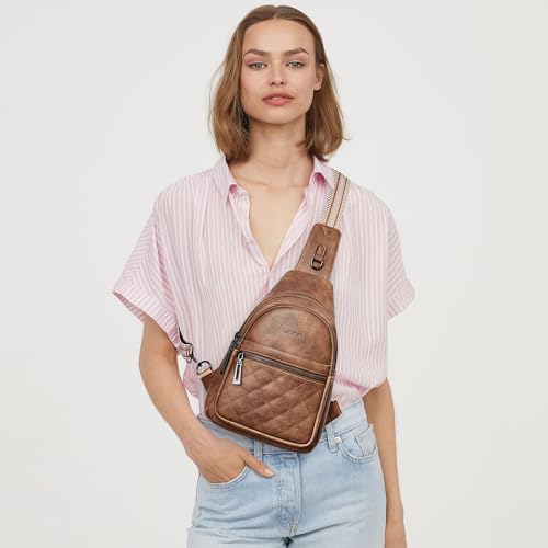 LATMAP Sling Bag For Women Fanny Pack Faux Leather Small Casual Day-pack Backpack Crossbody Chest Bags Purse Waterproof Anti Theft,Brown