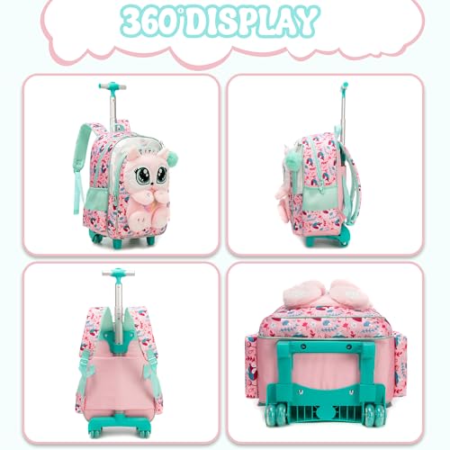 Meetbelify Rolling Backpack for Girls 3D Carton Backpack with Wheels for Elementary Student Kids Plush School Bag with Lunch Box Pencil Case for Girls Ages 6-8 Years Old Pink