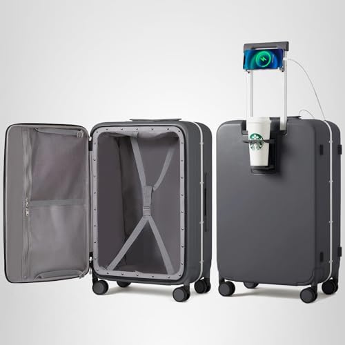 mixi Carry On Luggage with Cup Phone Holder and Charger Hard Shell Suitcases with Spinner Wheels,20 Inch Rock Gray